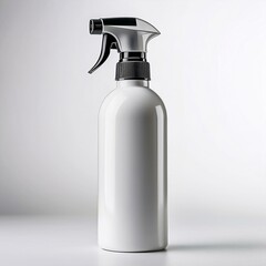White plastic bottle with a spray nozzle, isolated on a white background. The bottle has a blank label.