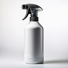 White plastic bottle with a spray nozzle, isolated on a white background. The bottle has a blank label.