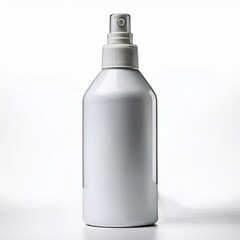 White plastic bottle with a spray nozzle, isolated on a white background. The bottle has a blank label.