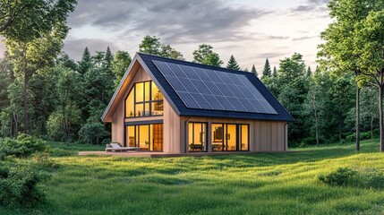 Modern House with Solar Panels on the Roof - AI generated illustration