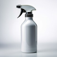 White plastic bottle with a spray nozzle, isolated on a white background. The bottle has a blank label.