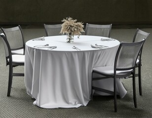 White tablecloth draped over a round table.