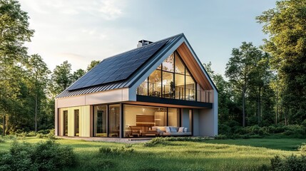 Modern House with Solar Panels on the Roof - AI generated illustration