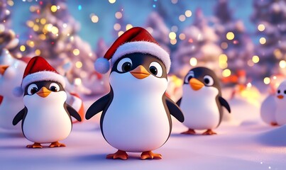 Fototapeta premium Adorable penguin in Santa hat ready to celebrate Christmas, embodying the spirit of holiday joy and festive cheer in a playful and charming design