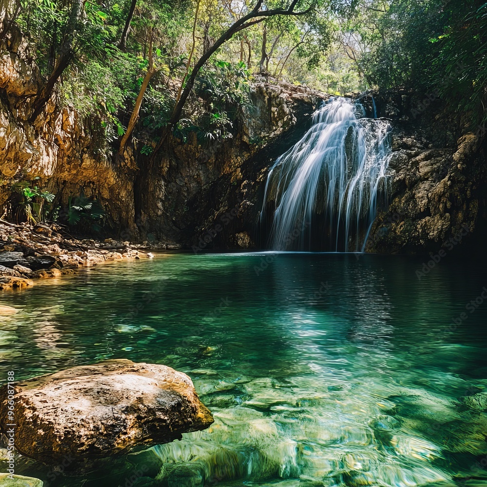 Poster Tranquil waterfall cascading into a pristine pool.