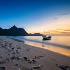 beach with a fishing boat and mountains during twilight time