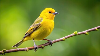 Fototapeta premium Photo Of A Small Yellow Bird With Black Eyes And A Long Tail, Perched On A Branch.