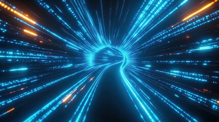 Naklejka premium 3D rendered abstract futuristic background featuring blue glowing light lines and bokeh lights in a dark space tunnel. This digital technology concept showcases high-speed motion blur effects, symboli