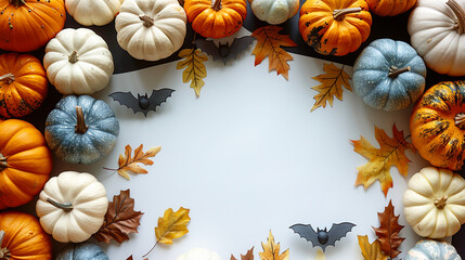 Black Background Flat Lay Halloween white Pumpkins Leaves and Bats