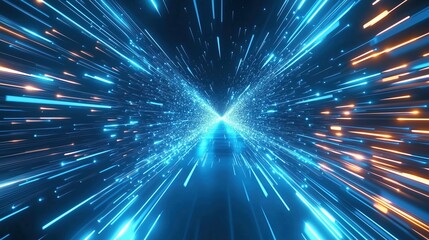 Obraz premium 3D rendered abstract futuristic background featuring blue glowing light lines and bokeh lights in a dark space tunnel. This digital technology concept showcases high-speed motion blur effects, symboli