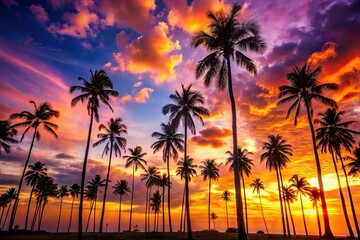 Picturesque Silhouette Of Towering Palm Trees Against A Vibrant Orange And Purple Sunset Sky