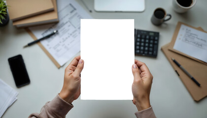 Obraz premium Person holding a blank white A4 sheet of paper with a workspace in the background. The paper is transparent for inserting image - PNG.