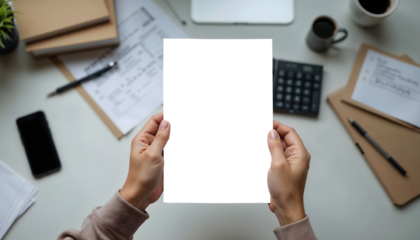 Person holding a blank white A4 sheet of paper with a workspace in the background. The paper is transparent for inserting image - PNG.