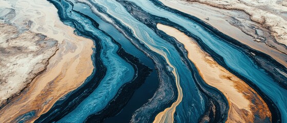 Obraz premium Abstract aerial view showcasing multicolored river patterns with flowing water and sediment formations. The vivid colors create a stunning natural landscape.