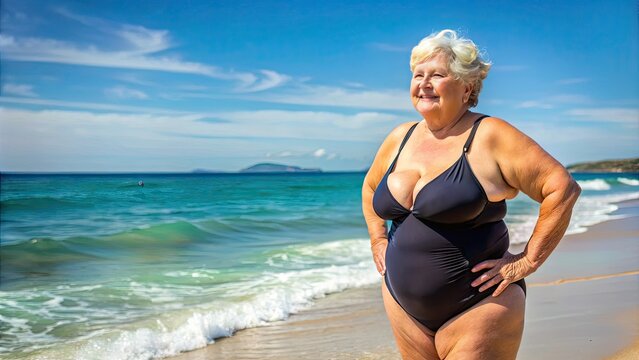 Portly Elderly Woman Poses In A Revealing Swimsuit On A Sunny Beach.