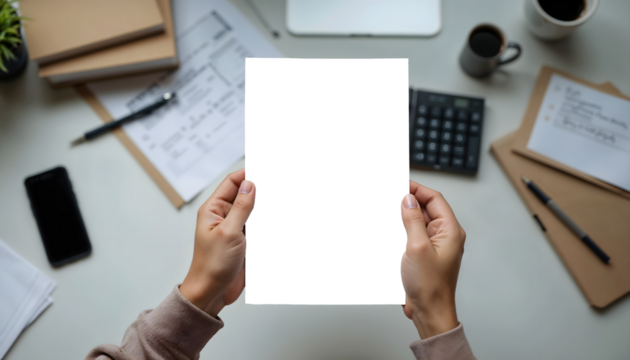 Person holding a blank white A4 sheet of paper with a workspace in the background. The paper is transparent for inserting image - PNG. - Powered by Adobe