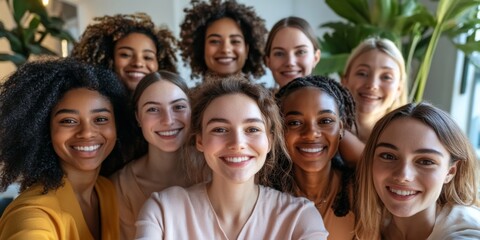 Obraz premium Diverse Team Selfie: Smiling Multiracial Colleagues in Office Setting. Professional Portrait Capturing Unity, Happiness, and Internship Atmosphere. Marketing Campaign Wallpaper for Workplace Diversity