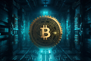 Digital key binary code vault unlock bitcoin gear wheel with blue teal background futurtistic cyber security