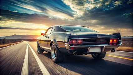 Fototapeta premium Rear view of a sleek, vintage muscle car with its distinctive spoiler, chrome exhaust pipes, and bold exterior design speeding down a deserted highway.