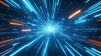 Naklejka premium 3D rendered abstract futuristic background featuring blue glowing light lines and bokeh lights in a dark space tunnel. This digital technology concept showcases high-speed motion blur effects, symboli