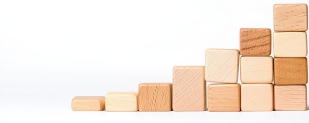 Wooden blocks forming a downward trend, symbolizing business challenges, set against a white background High quality image with space for text Suitable for corporate risk assessmen