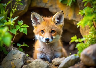 Red Fox Kit Peers Out From A Den In The Ground Surrounded By Rocks And Vegetation, With A Blurry Background.