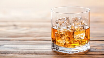 Elegant Whiskey Glass with Ice Displaying Refined Textures and Reflective Surfaces on Wooden Table