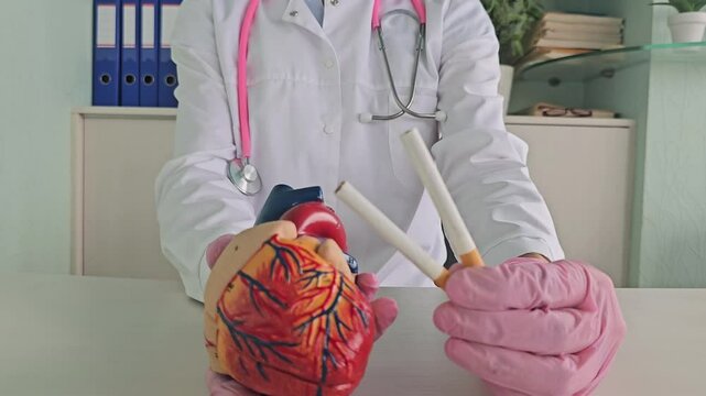 Doctor holds cigarettes and models of heart . Harm of smoking and diseases of heart and blood vessels