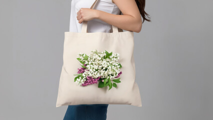 A woman holding a white canvas fabric tote bag with a print of a megaphone, for mockup blank template. on a colored background.