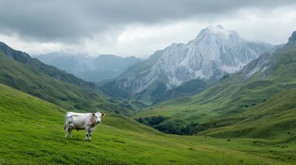 A Cow in a Mountainous Landscape, Analyze the contrast between a cow standing on a green hillside and the rugged, towering mountains in the background.
