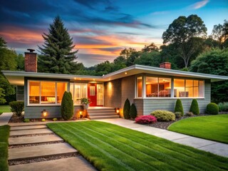 Obraz premium Retro-style ranch house in New York undergoes transformation, featuring vintage-inspired exterior with bold colors, sleek windows, and modern amenities blended with nostalgic charm.