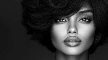 Fototapeta premium A stunning black and white close-up of a model with a sophisticated hairstyle, her pose reflecting grace and poise, the realistic shading and lighting accentuating the natural beau