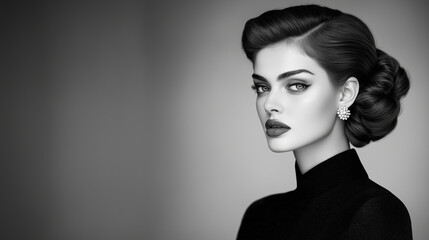 Fototapeta premium A beautiful model with an elegant updo hairstyle, captured in a realistic black and white photograph, her pose exuding timeless sophistication, with soft shadows emphasizing her re