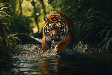 A tiger is walking along the river bank in its natural habitat, with a motion blur of splashes and water drops on its body. 