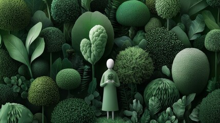 A modern customer standing in a dense forest, holding a handful of seeds, as trees of various sizes grow around them, showing the impact of small actions