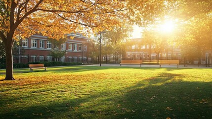 School Season Outdoor Background with Lush Green and Seasonal Elements. AI generated illustration