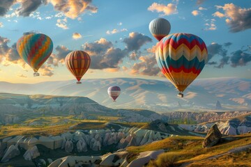 Obraz premium Balloon Tourism, Air Balloons in Sky, Mountain Landscape with Ballooning, Turkey Landscape