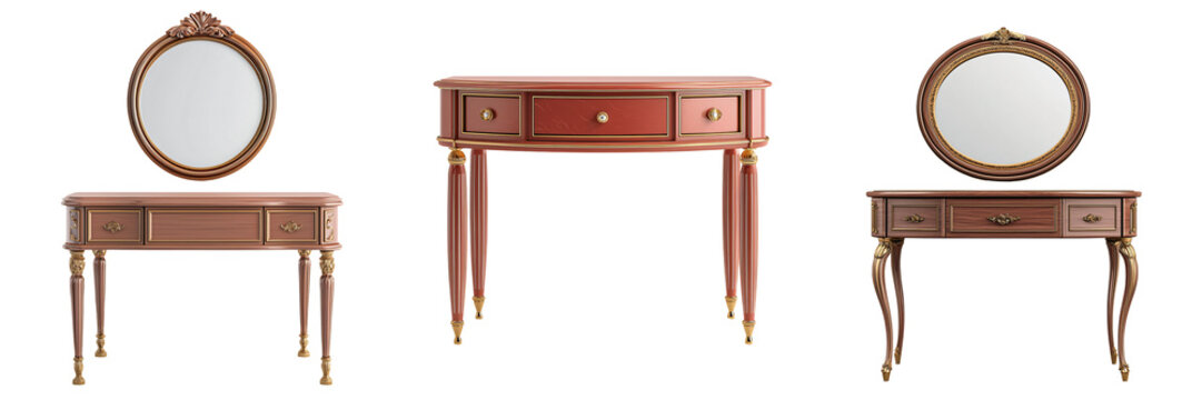 A 3D illustration of a vintage vanity table classic luxury design wood and brass isolated on white and transparent background