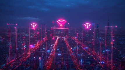 Futuristic city skyline with neon lights and wifi icons at night.