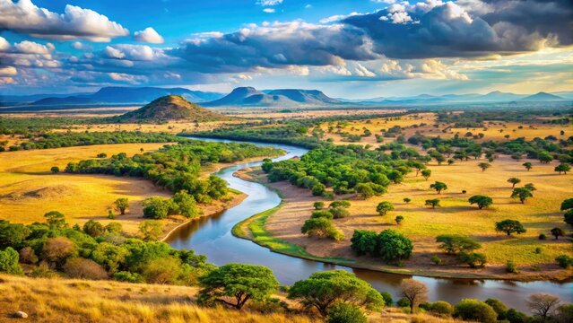 Savanna landscape featuring Limpopo River's winding path through South Africa, Zimbabwe, and Mozambique, with surrounding hills and vast African plains.