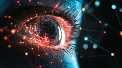 Red cybernetic eye with detailed neural network overlay