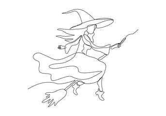 Fototapeta premium Continuous single line sketch drawing of wizard witch ride flying broom to the night sky halloween spooky concept one line vector illustration 