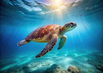 Obraz premium Sea Turtle Calmly Swims In Blue Waters Against White Background With Copy Space