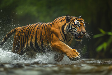 Obraz premium A tiger is walking along the river bank in its natural habitat, with a motion blur of splashes and water drops on its body. 