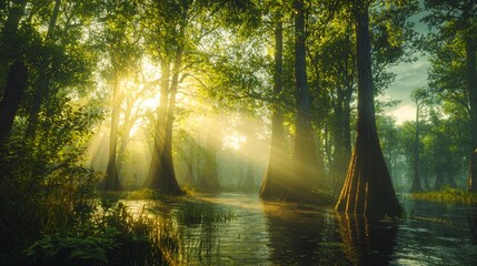 Obraz premium Sunbeams shining through trees in a serene flooded forest landscape
