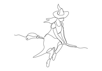 Continuous single line sketch drawing of wizard witch ride flying broom to the night sky halloween spooky concept one line vector illustration	