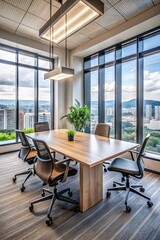 Fototapeta premium Modern Interior of an Office Space Featuring a Bright Window, Functional Table, and Comfortable Chairs for a Productive Work Environment