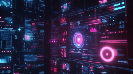 Fototapeta premium Futuristic digital interface with glowing neon lines and circles in blue and pink.