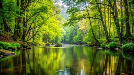 Serene morning scene of tranquil waters flowing through lush green forests, surrounded by towering trees and vibrant vegetation in Little River National Preserve.