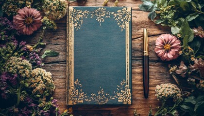 A decorative notebook surrounded by colorful flowers and a pen, evoking a sense of creativity and nature.